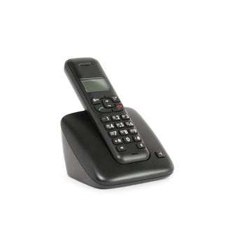 Modern black wireless telephone on white background. Clipping path is included