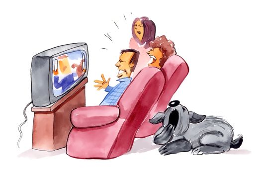 humorous illustration of family watching television and bored dog