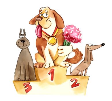 humorous illustration of dogs on exhibition podium
