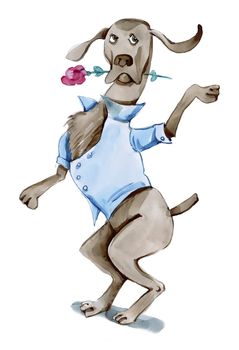 humorous illustration of dog dancing tango with rose