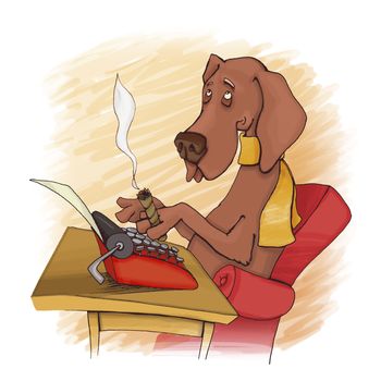 humorous illustration of dog writing on type machine