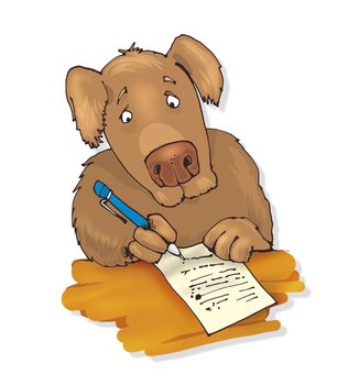 humorous illustration of dog writing a letter