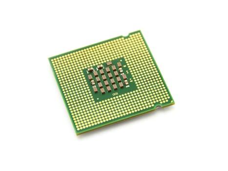The computer the processor on a white background is isolated gold color with a microcircuit
