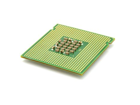 The computer the processor on a white background is isolated gold color with a microcircuit