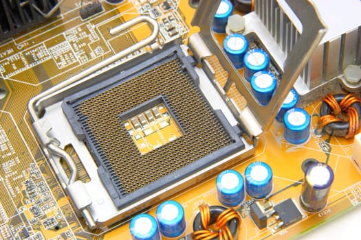 Processor on the yellow computer motherboard