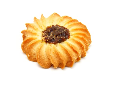 Tasty cookies with jam on a white background
