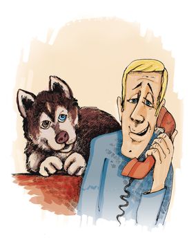 illustration of man calling and husky dog