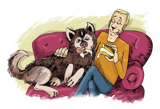 humorous Illustration of husky dog and his owner on sofa