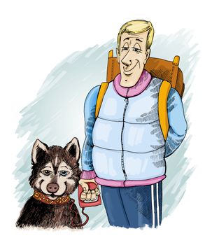 humorous Illustration of husky dog and his owner on trip