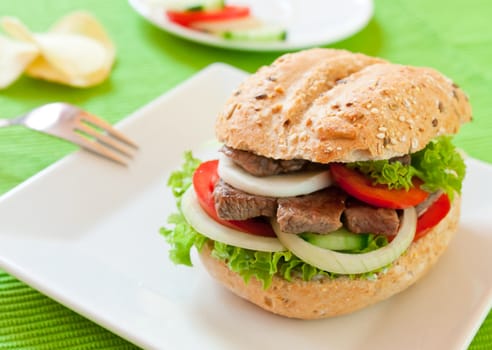 Fresh and healthy sandwich with vegetables and beef sliced