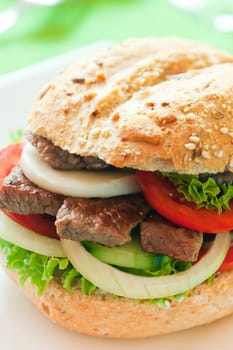 Fresh and healthy sandwich with vegetables and beef sliced