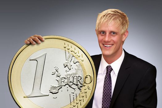 Rich man is holding his euro coin