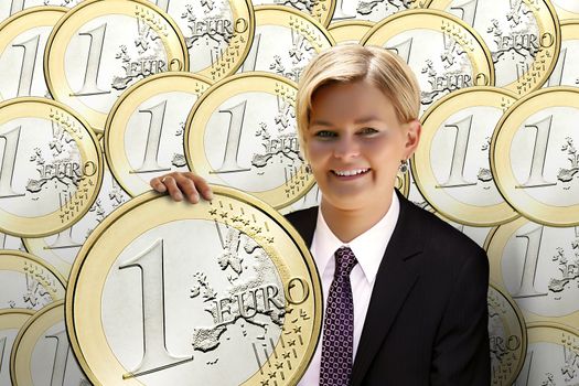 young woman is holding the euro coin