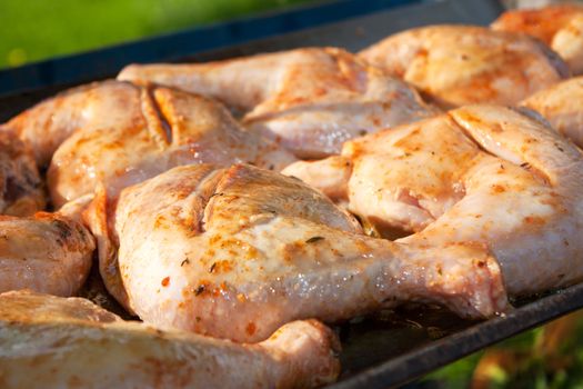 Chicken with honey and spices, cooking on a wood fire