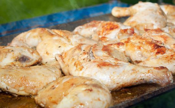 Chicken with honey and spices, cooking on a wood fire