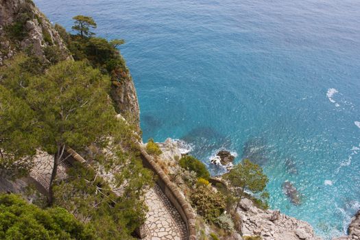 Coast of Capri Island, view of sea and sea-cliff