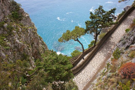 Coast of Capri Island, view of sea and sea-cliff