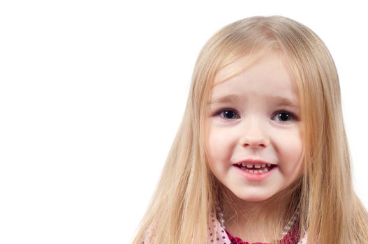 Portrait of little cute girl with long hair isolated on white