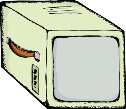 Drawing of a vintage video security monitor with carrying handle