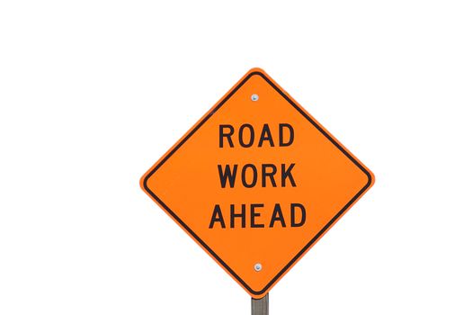 Road work ahead sign over white background