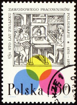 POLAND - CIRCA 1970: a stamp printed in Poland, shows medieval printing office, devoted to one hundred anniversary of printing workers trade union, circa 1970