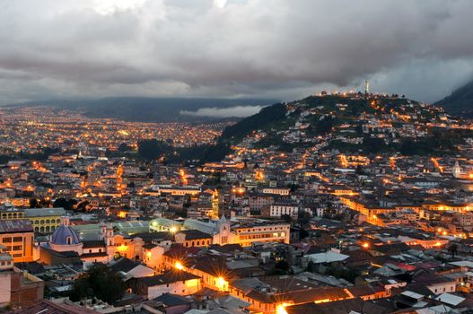 Overview of the historical center of Quito at sunset