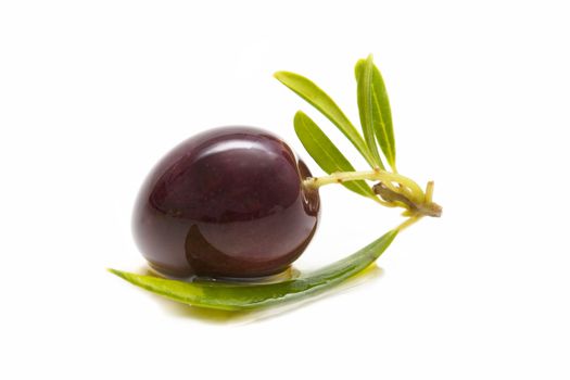 macro of a fresh olives bathed in olive oil on white background
