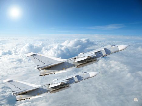 Military jet bomber Su-24 against clouds