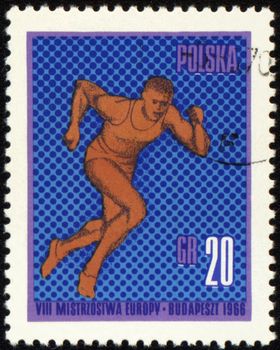 POLAND - CIRCA 1966: A post stamp printed in Poland shows running sportsman, series, circa 1966