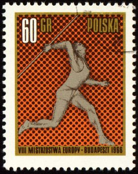 POLAND - CIRCA 1966: A post stamp printed in Poland shows javelin throwing, series, circa 1966