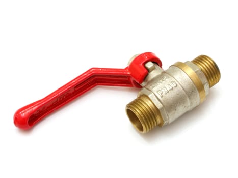 The water crane from white metal with the red handle on a white background