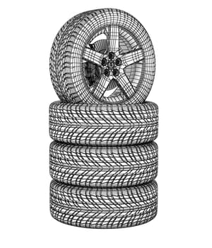 New tires stacked up and isolated on white background. High resolution image