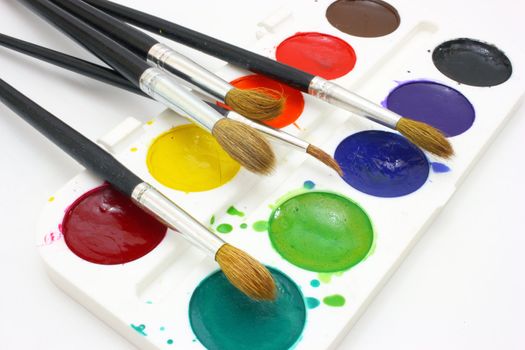 Dirty watercolor paints set with brushes after using