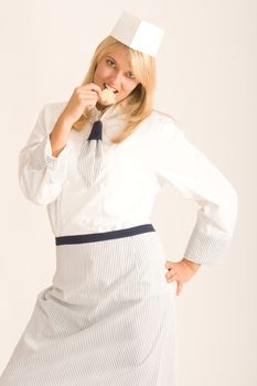 Blonde cook secretly nibble delicious Christmas cookies