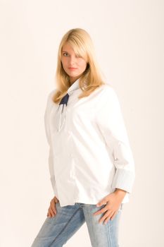 Blonde cook in a trendy white workwear
