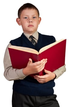 Schoolboy. Isolated over white background. The boy is dressed in a vest.