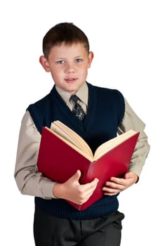 Schoolboy. Isolated over white background. The boy is dressed in a vest.