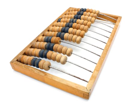 Accounting abacus for financial calculations lies on a white background