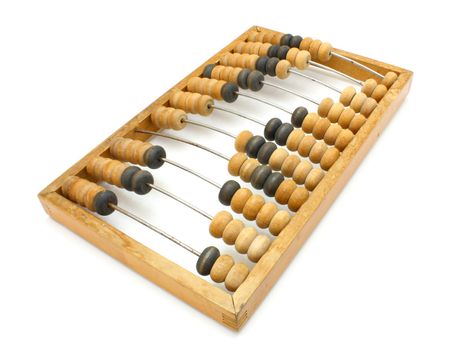 Accounting abacus for financial calculations lies on a white background