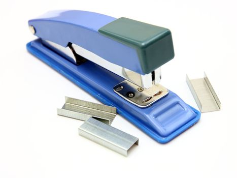 Blue strip stapler isolated on white background