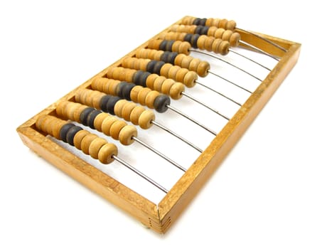 Accounting abacus for financial calculations lies on a white background