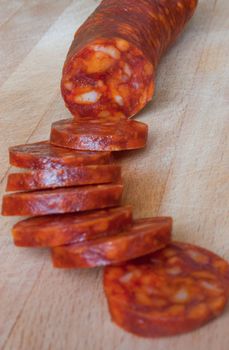 Slices of sausage for tasting, appetizer