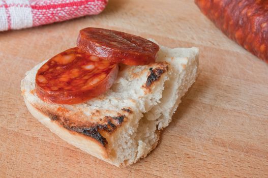 Slices of sausage for tasting, appetizer