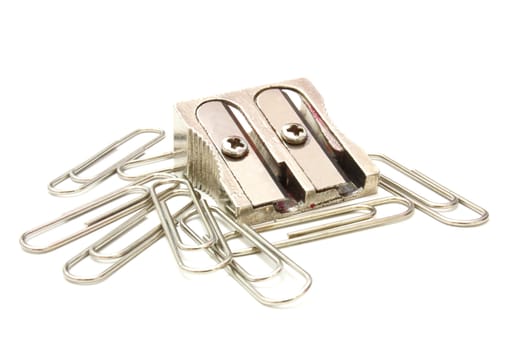 shot of eraser, pencil and pencil metal double sharpener on a white background