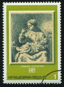 BULGARIA - CIRCA 1975: Mother Feeding Child, by John E. Millais, circa 1975.