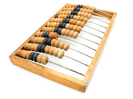 Accounting abacus for financial calculations lies on a white background