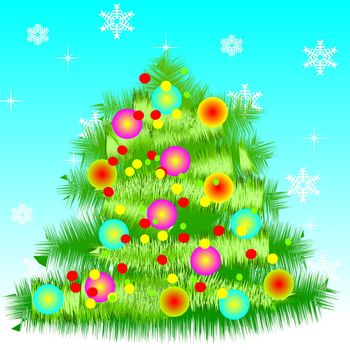 New Year's card with a fur-tree on a red background and snowflakes- vektor