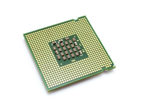 The computer the processor on a white background is isolated gold color with a microcircuit