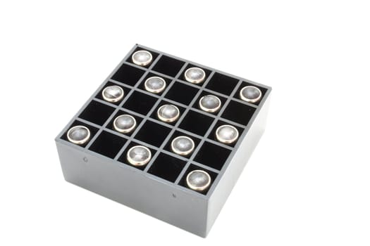 Pistol cartridges with a rubber bullet lie in packing of black color.