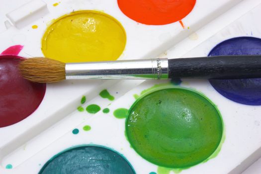 Dirty watercolor paints set with brushes after using